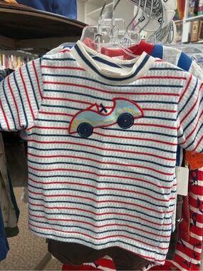 Vintage White Red and Navy Striped Short Sleeve Tee with Car Patch